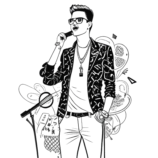 Line art drawing of a stylish man, representing Bill Kaulitz, with a microphone in hand. The drawing showcases his unique fashion sense and is adorned with music notes and euro signs, capturing his successful music career, entrepreneurial ventures, and financial achievements, all against a white backdrop.
