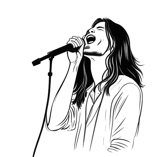 Line art drawing of a young man, representing Bill Kaulitz, singing on stage during Star Search