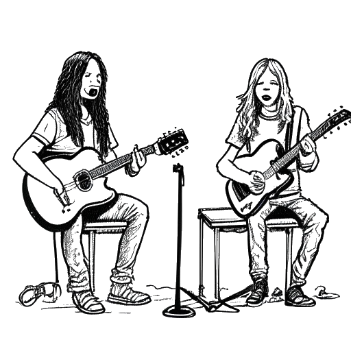 Line art drawing of two boys, representing Bill and Tom Kaulitz, performing as Black Question Mark