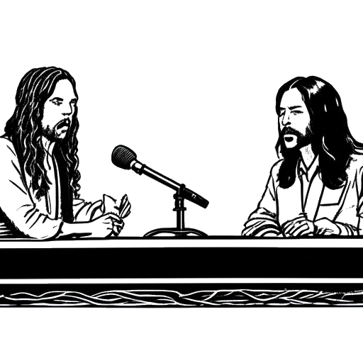 Line art drawing of two men, representing Bill and Tom Kaulitz, judging 'The Voice of Germany'