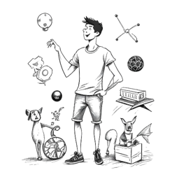 Line art drawing of a young man, embodying Taj Cross, balancing aspects of his personal life and career, with sports equipment and scripts, and a nod to his pet and family, all on a white backdrop.
