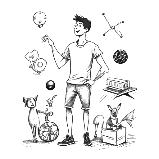 A line art drawing of a young man, representing Taj Cross, balancing sports gear and scripts, with his pet dog and family ties highlighted.