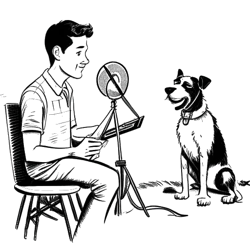 Desenho em arte linear de um jovem homem, representando Taj Cross, segurando um roteiro em um set de uma série de TV, com um microfone de podcast ao lado e um cão leal como companheiro, enfatizando sua atuação e outros interesses.