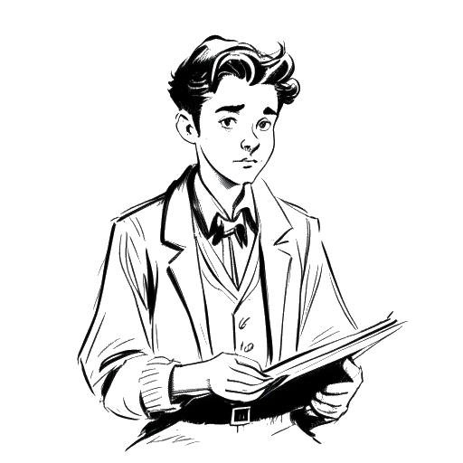 Line art drawing of a young man, representing Taj Cross, portraying the character Will on the set of 'Big Boys', with a script and costume.