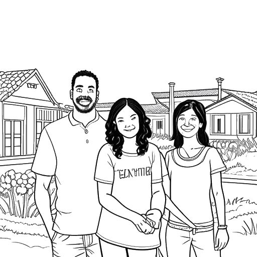 Desenho em arte linear de uma família mista, representando mãe de Taj Cross, padrasto e irmã, em frente a uma paisagem de Venice, Califórnia.