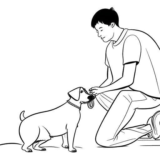 Lijn kunsttekening van een jonge man, die Taj Cross vertegenwoordigt, die speelt met zijn hond genaamd Mocha, met een hondenspeeltje of riem op de achtergrond.