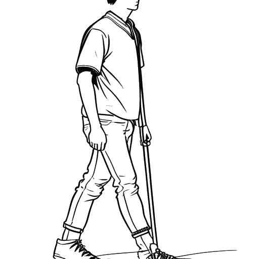 Strichzeichnung eines jungen Mannes, der Taj Cross repräsentiert, der einen Stiefel trägt, aufgrund eines verletzten Fußes, mit Krücken oder einem Stock im Hintergrund.