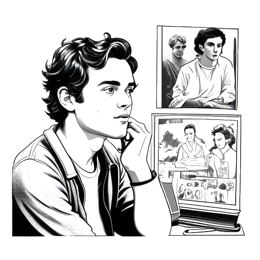 Line art drawing of a young man, representing Taj Cross, watching performances by Heath Ledger and Timothée Chalamet, with movie posters in the background.