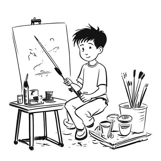 Line art drawing of a boy, representing Taj Cross, engaged in painting and theater acting. Brushes, a palette, and stage props are visible.