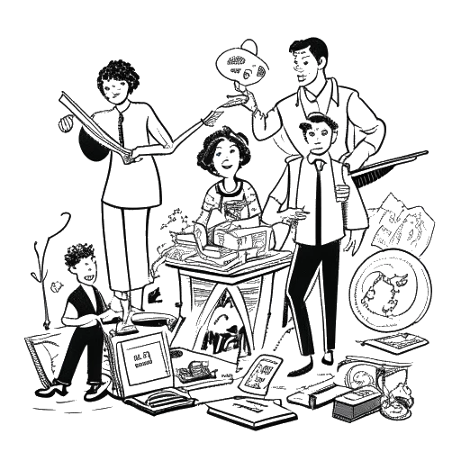 Line art drawing of a boy, representing Taj Cross, with performing parents and entrepreneur father. Surrounded by stage props and business documents.