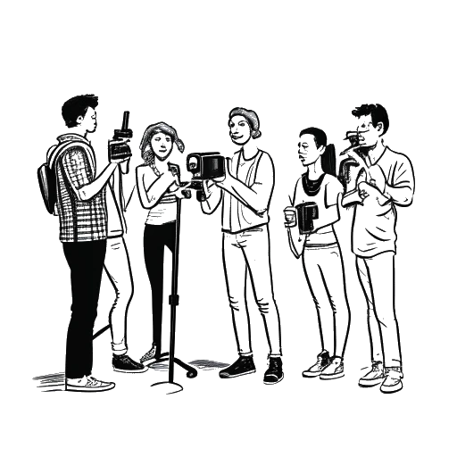 Line art drawing of adult actors, including Taj Cross, using body doubles and camera tricks to portray middle schoolers on a 'PEN15' set, with a director guiding them.