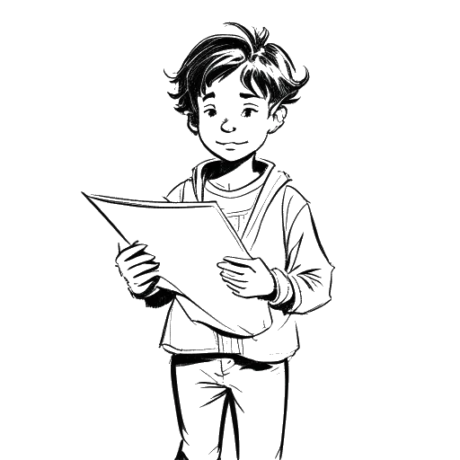Desenho em arte linear de um menino, representando Taj Cross, iniciando sua jornada como ator no set de 'PEN15'. Ele está segurando um roteiro e vestindo uma fantasia.