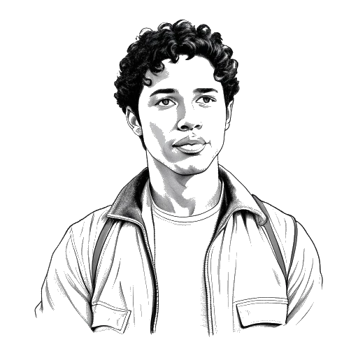 Line art drawing of a young man, representing Taj Cross, portraying Gabe in 'Young Rock', based on true events from Dwayne Johnson's life, with a script and costume.