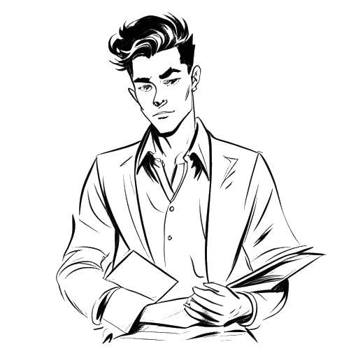 Line art drawing of a young man, representing Taj Cross, preparing for the role of Gabe in 'Young Rock', focusing on energetic and sassy characteristics, with a script and costume.
