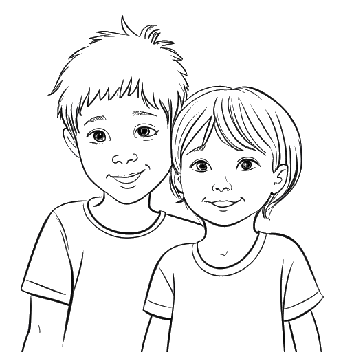 Desenho em arte linear de um menino, representando Taj Cross, e sua irmã mais velha. Suas idades são claramente representadas.