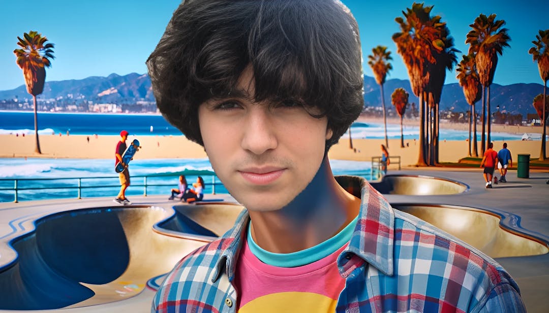 Taj Cross, con la testa rasata e la pelle chiara, indossa una camicia a quadri e occhiali da sole, sostenuto da un vivido panorama di Venice Beach.