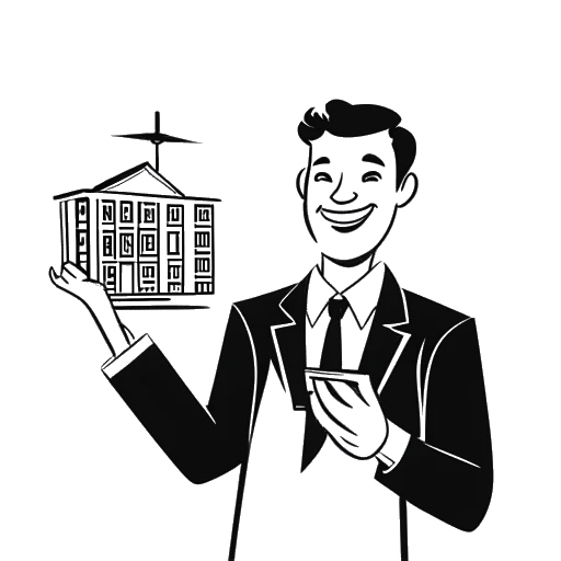 Strichzeichnung eines Mannes, der Simon Unge darstellt, der einen Schlüsselbund und eine Aktienurkunde hält, mit einem Gebäude und einem Logo im Hintergrund.