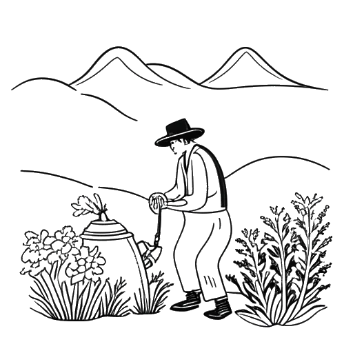 Strichzeichnung eines Mannes, der Simon Unge darstellt, der eine Gießkanne hält, mit einem Garten und einem Berg im Hintergrund.