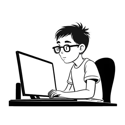 Strichzeichnung eines jungen Jungen, der Simon Unge darstellt, der vor einem Computer mit einem hellen Bildschirm sitzt.