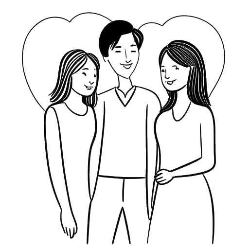 Strichzeichnung eines Mannes, der Simon Unge darstellt, der zwischen zwei Frauen steht, mit zwei Herzen im Hintergrund.