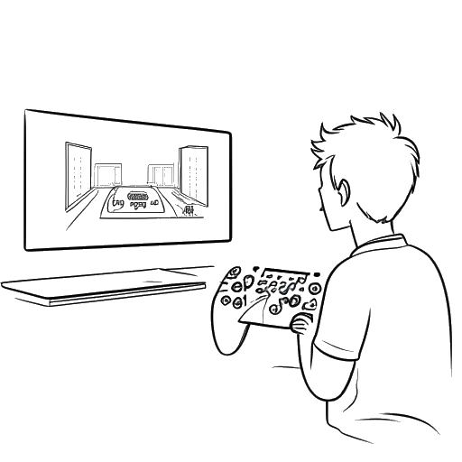 Strichzeichnung eines Mannes, der Simon Unge darstellt, der einen Controller hält, mit einem Minecraft-Spiel auf einem Fernsehbildschirm.