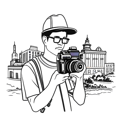 Strichzeichnung eines Mannes, der Simon Unge darstellt, der eine Kamera hält, mit verschiedenen Sehenswürdigkeiten im Hintergrund.