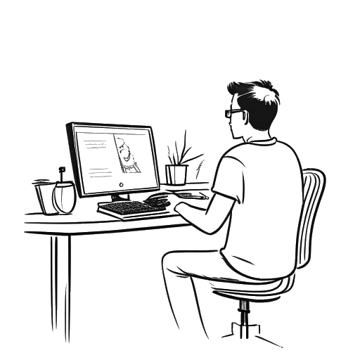 Strichzeichnung eines Mannes, der Simon Unge darstellt, der vor einem Computer sitzt, auf dem ein Live-Stream zu sehen ist.