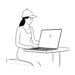 Dessin en ligne d'une femme représentant Brett Cooper portant une toge de graduation et lisant un livre, avec une barre de pratique de ballet et un ordinateur portable ouvert affichant des cours en ligne en arrière-plan, le tout sur fond blanc.