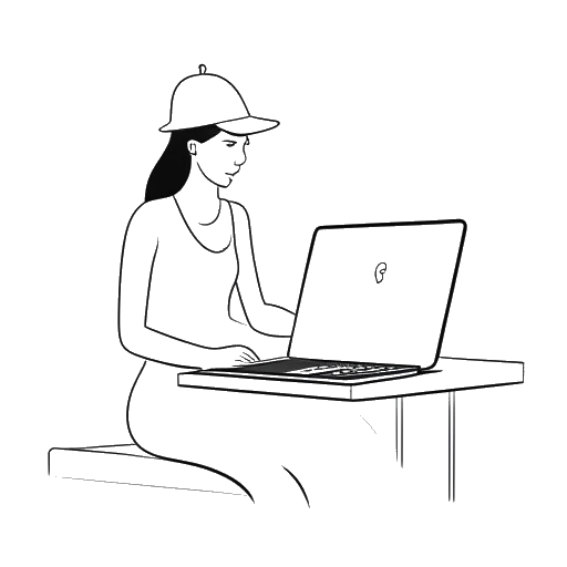 Disegno a linee di una donna che rappresenta Brett Cooper indossa un berretto da laureata e legge un libro, con una sbarra per l'allenamento di danza classica e un laptop aperto che mostra materiali di corsi online sullo sfondo, il tutto su uno sfondo bianco.