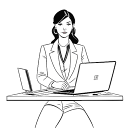 Illustration en ligne d'une femme représentant Brett Cooper dans un contexte professionnel, avec un écran d'ordinateur affichant un bouton de lecture YouTube, une ceinture noire symbolisant une expertise en autodéfense, et des aperçus de vêtements à la mode, le tout sur fond blanc.