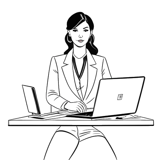 Ilustración lineal de una mujer que representa a Brett Cooper en un contexto empresarial, con una pantalla de computadora con un botón de reproducción de YouTube, un cinturón negro simbolizando experiencia en defensa personal y destellos de ropa de moda, todo sobre un fondo blanco.