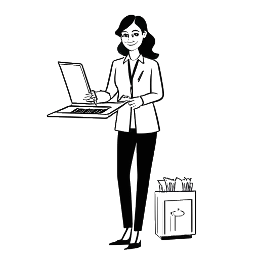 Desenho de arte de linha de uma mulher, representando Brett Cooper, vestida em trajes profissionais, com uma prancheta e um laptop, ao lado de uma prateleira de mercadorias de marca, refletindo adequadamente suas diversas fontes de renda.