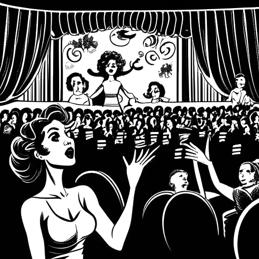 Dibujo de arte lineal de una mujer actuando en un escenario, con máscaras de teatro, una casa de ópera y rollos de película en el fondo, representando a Brett Cooper.