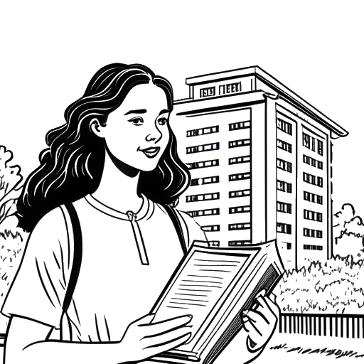 Dibujo de arte lineal de una joven sosteniendo un diploma y un libro, con un edificio de una universidad comunitaria al fondo, representando a Brett Cooper.