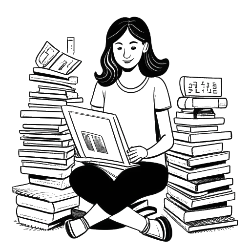 Dibujo de arte lineal de una mujer sosteniendo un libro, rodeada de pilas de libros y una computadora portátil mostrando íconos de redes sociales, representando el amor de Brett Cooper por la lectura y compartir recomendaciones de libros.