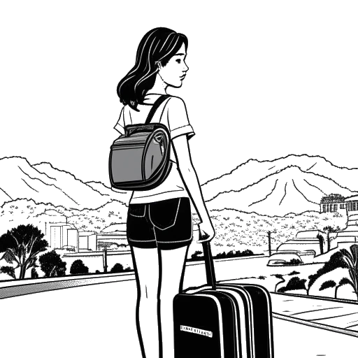Line art drawing of a teenage girl with a suitcase in front of the Hollywood sign, representing Brett Cooper's move to California.