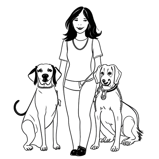 Desenho de arte em linha de uma mulher segurando dois cães com coleira, com ossos de cachorro e pegadas ao fundo, representando o amor de Brett Cooper por animais e seus cães Tater e Rocky.