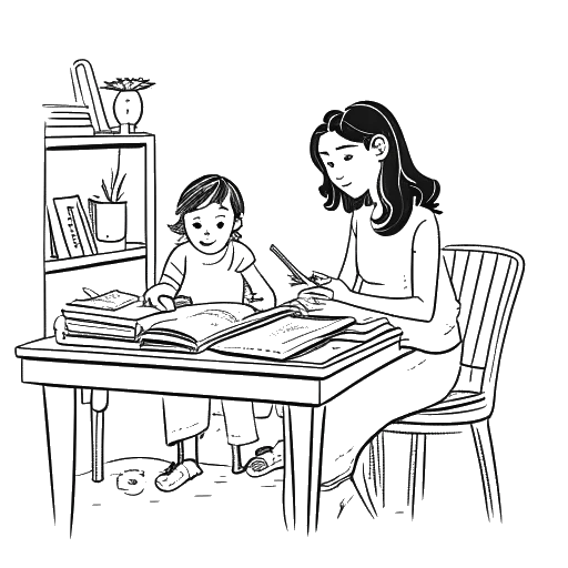 Dibujo de arte lineal de una madre enseñando a una niña en un escritorio con libros dispersos alrededor, representando la experiencia educativa en casa de Brett Cooper.