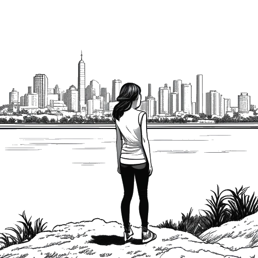 Line art drawing of a woman, representing Brett Cooper, standing on an island with a coastline and a city skyline in the background.