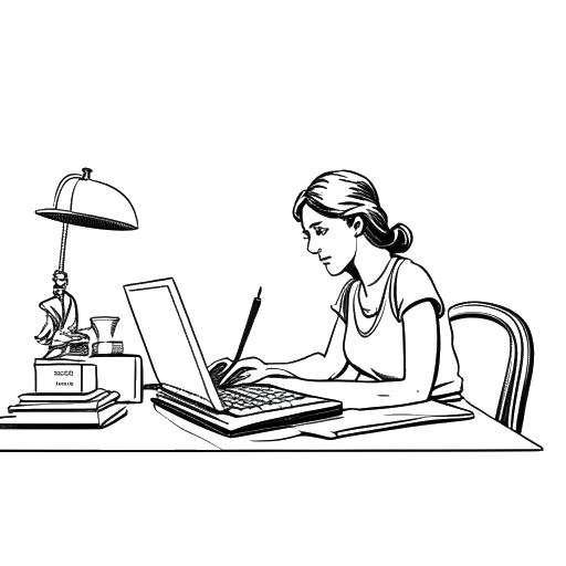 Line art drawing of a woman writing at a desk with a laptop and papers, with a liberty statue and a stack of books in the background, representing Brett Cooper's marketing and writing work.