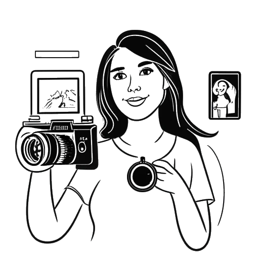 Desenho de arte de linha de uma mulher segurando uma câmera em frente a uma tela de computador exibindo o logotipo do YouTube, com ícones de mídia social ao fundo, representando o sucesso de Brett Cooper no YouTube.