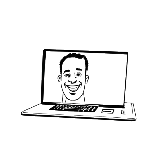 Lijntekening van 'Hide the Pain Harold' met een pijnlijke glimlach, omringd door een computerscherm en camera