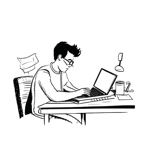 Line art drawing of a man working as a copywriter, typing on a computer with a thoughtful expression