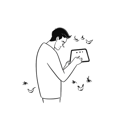 Line art drawing of Internet Historian viewing his Twitter feed, featuring right-wing figures Libs of TikTok and Gavin McInnes