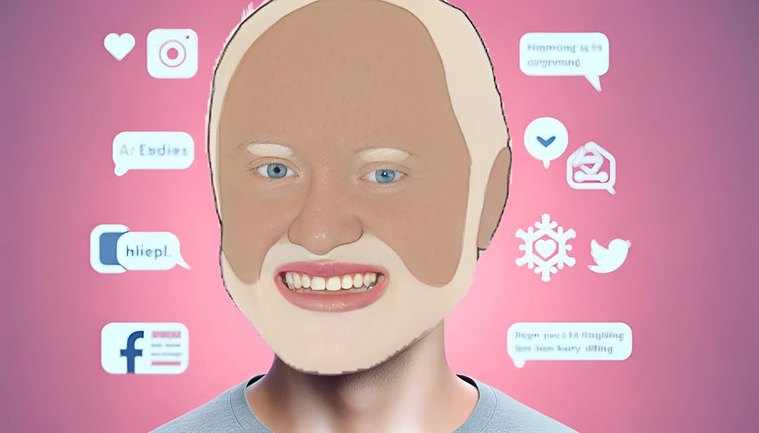 Internet Historian, a male character with light skin and pinkish tone, smiling with blue eyes and white hair around the sides and back. The image showcases vibrant internet culture elements in the background, reflecting comedy and informative storytelling. The character's attire is casual yet distinctive, embodying a charismatic online personality.