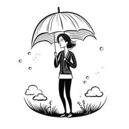 Disegno in bianco e nero di una donna, che rappresenta Breckie Hill, che resta forte contro nubi temporalesche virtuali e pioggia, tenendo uno scudo e un microfono.