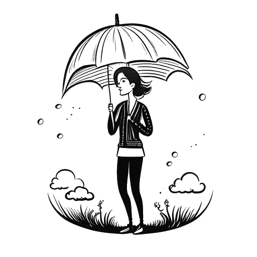 Disegno in bianco e nero di una donna, che rappresenta Breckie Hill, che resta forte contro nubi temporalesche virtuali e pioggia, tenendo uno scudo e un microfono.