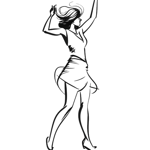 Line art drawing of a woman, representing Breckie Hill, performing a popular dance routine with expressive movements while interacting with a smartphone.