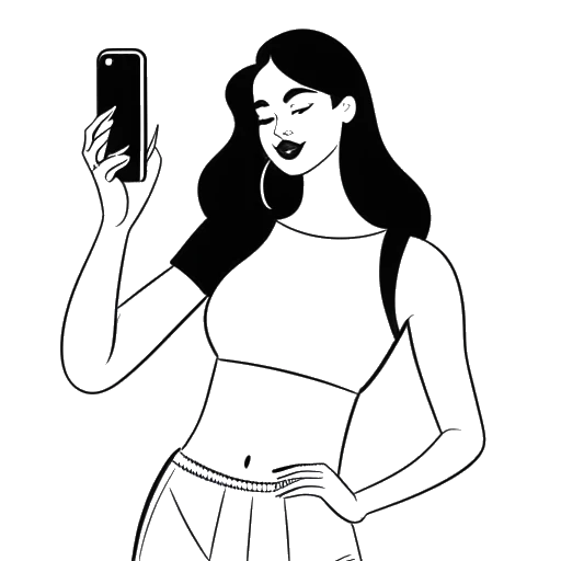 Dibujo de arte lineal de una mujer, que representa a Breckie Hill, creando con entusiasmo contenido en redes sociales en su teléfono, vestida con ropa de baño elegante. El fondo muestra el prominente logo de TikTok en un lado y el emblema de una marca de moda en el otro, todo compuesto sobre un fondo blanco.