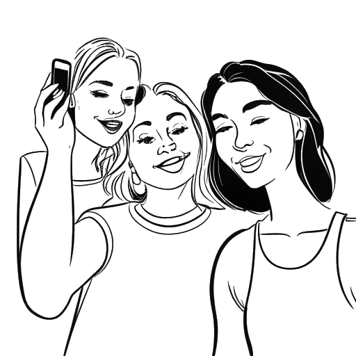 Line art drawing of two women, including Breckie Hill, taking a selfie with Austin Mahone